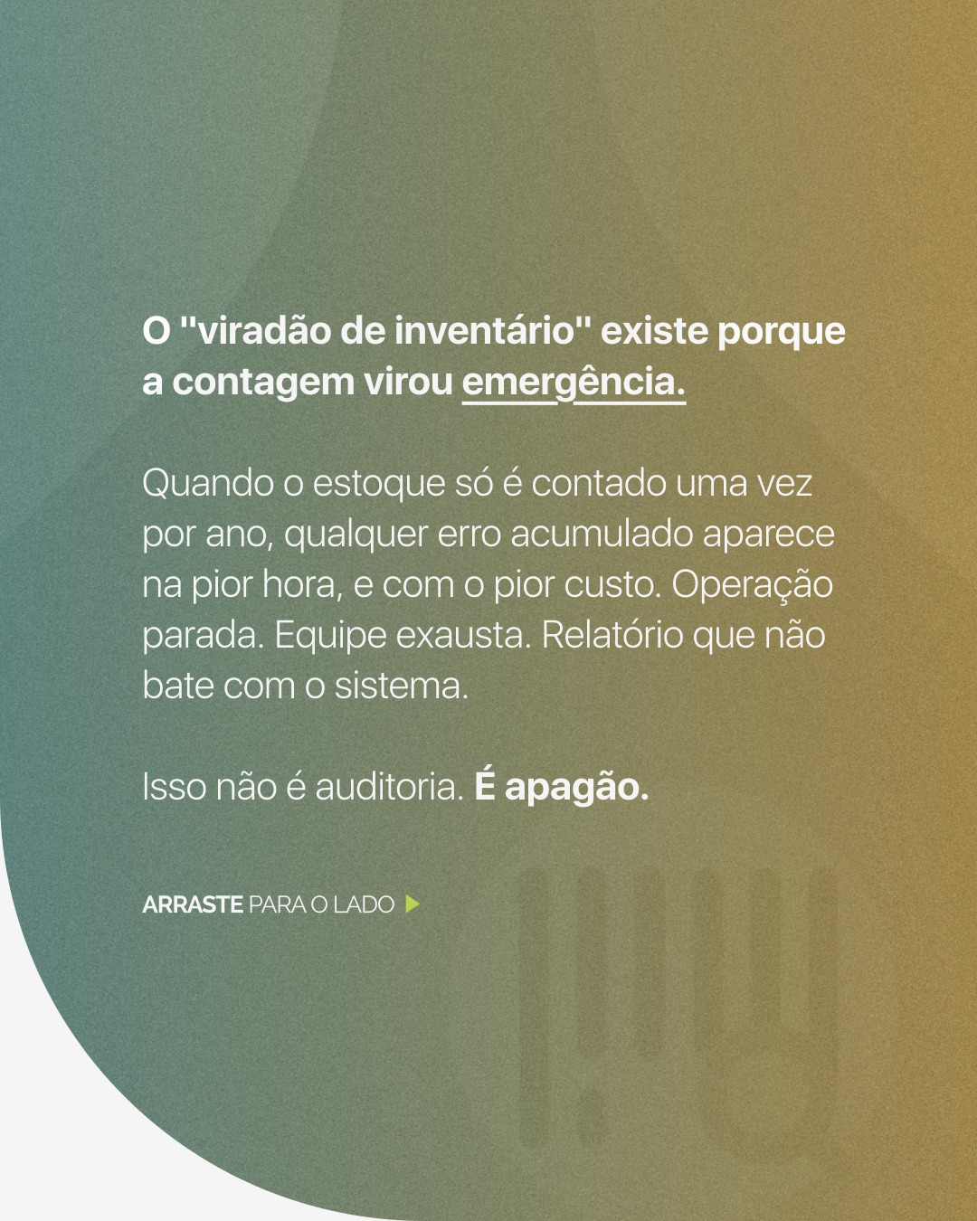 Parar a operação para contar ativos é admitir que você perdeu o
controle dela.
O "viradão de inventário" não é tradição, é sintoma. Quando a
contagem vira emergência anual, os erros acumulados aparecem
todos de uma vez, com a operação parada e a equipe no limite.
A contagem cíclica resolve isso na raiz: o estoque é auditado por
partes, ao longo do ano, sem interromper a rotina. Cada ativo
identificado por QR Code, geolocalizado e fotografado em campo.
Os dados chegam conciliados em tempo real, não digitados depois
com prancheta.
Com os auditores MooveChain e o WeCount, inventário deixa de
ser crise e passa a ser processo.
Acesse o link na bio e fale com um especialista.
#Inventário #ContagemCíclica #AtivoFixo #AtivoLogístico
#WeCount #MooveChain #SupplyChain #GestãoDeAtivos