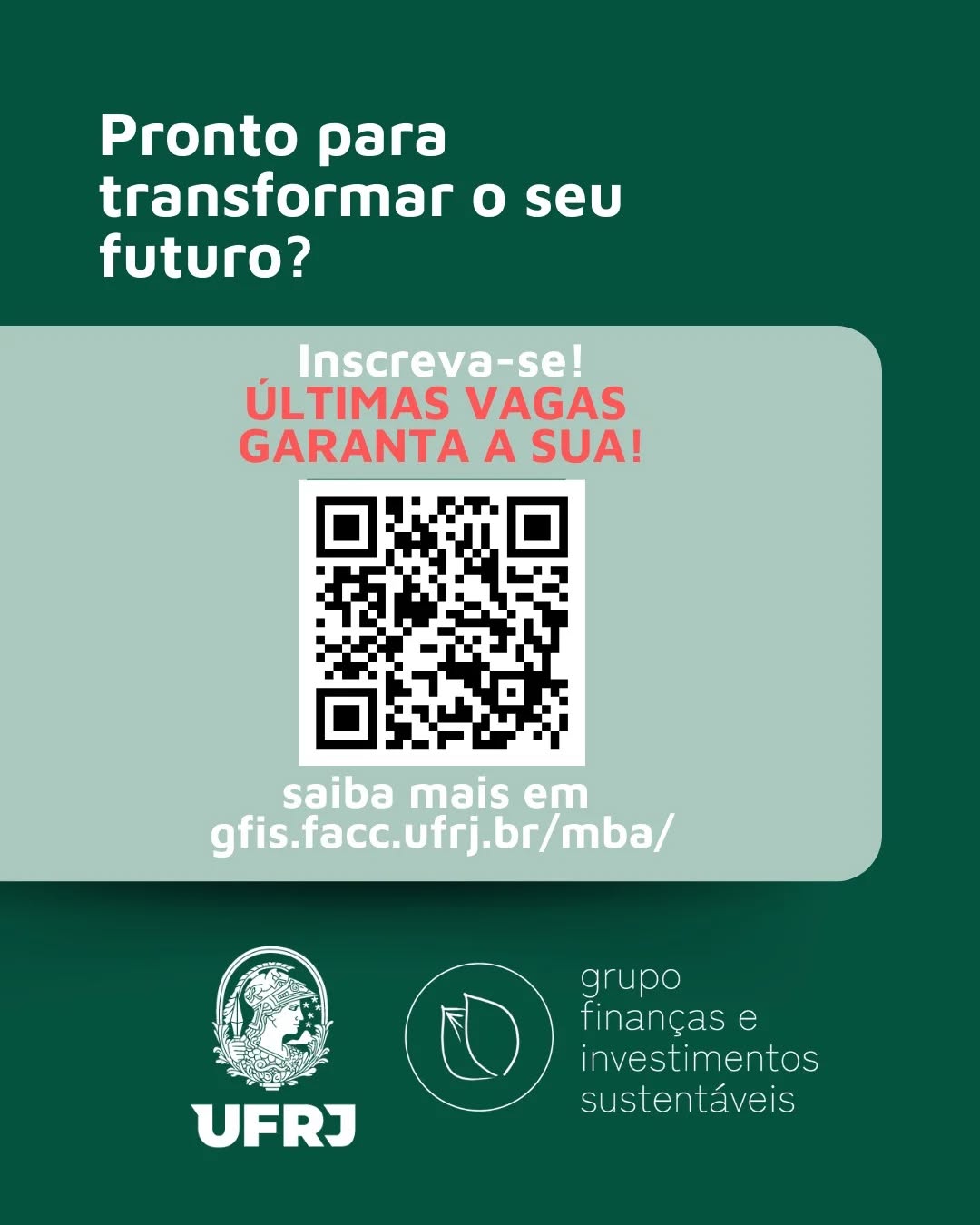 ⏰️ ÚLTIMAS VAGAS!
Com a chegada da COP30 no Brasil, o debate sobre financiamento climático ganha ainda mais força e reforça a demanda por profissionais preparados.
O MBA em Finanças Sustentáveis e ESG da FACC/UFRJ forma especialistas capazes de atuar na fronteira entre finanças, clima e gestão estratégica. É a oportunidade ideal para quem quer avançar nessa agenda que só tende a crescer.
Garanta sua vaga e prepare-se para liderar a transição para uma economia de baixo carbono.
⚠️ Últimas vagas!
➡️ Inscreva-se! https://lnkd.in/djhfKaeZ