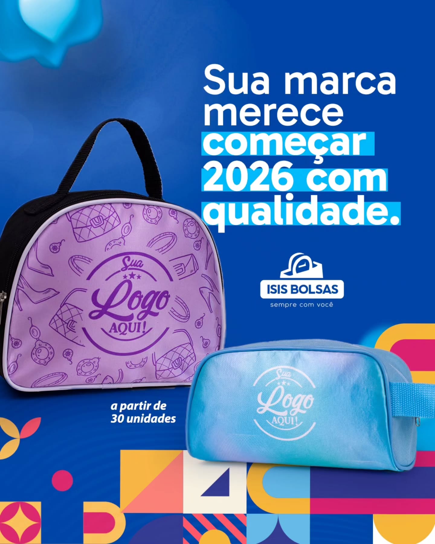 Sua marca merece começar 2026 com mais presença, organização e qualidade. 💙✨
Bolsas e nécessaires personalizadas são muito mais do que brindes: são ferramentas de visibilidade, cuidado com o cliente e fortalecimento da sua identidade. Cada peça é produzida com atenção aos detalhes, pensando em funcionalidade, estética e durabilidade.
Ideal para ações promocionais, eventos, kits corporativos ou campanhas de início de ano.
📦 Pedido mínimo: a partir de 30 unidades
✨ Isis Bolsas. Sempre com você.