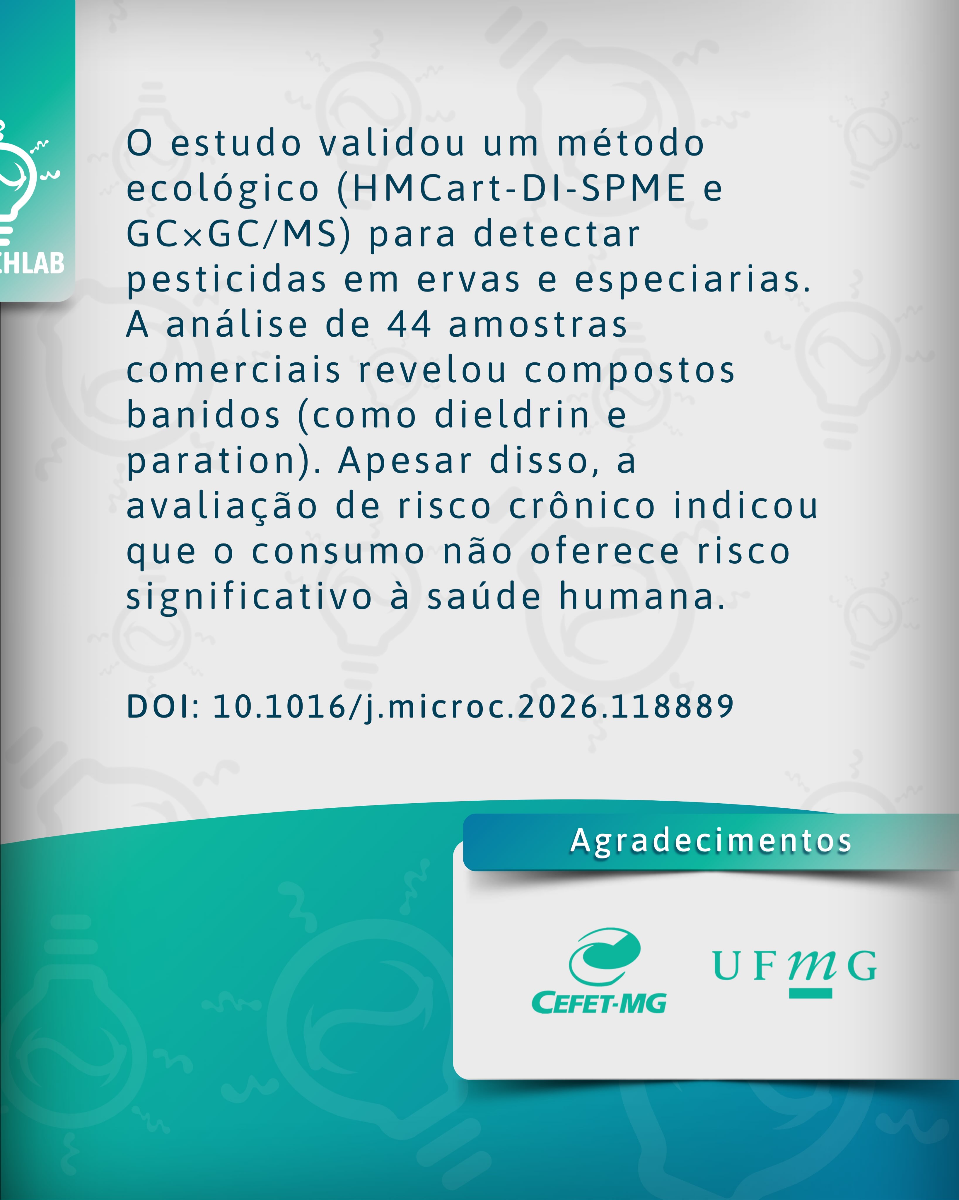 Artigo publicado! ✅📝
É com muita satisfação que anunciamos mais uma publicação científica e em parceria com membros da UFMG! No artigo intitulado “Comprehensive screening and risk assessment of pesticide residues in spices and dried herbs using eco-friendly microextraction and GC×GC/MS”, foi desenvolvido um método sustentável e altamente sensível para detectar resíduos de pesticidas em ervas e especiarias comercializadas.
A análise identificou compostos proibidos, reforçando a importância do monitoramento contínuo para garantir a segurança dos alimentos.
É a química analítica contribuindo com a saúde e a segurança da população e do meio ambiente! 🌿🌎
Se interessou? Acesse o artigo e saiba mais!
#pesticidas #segurançaalimentar #químicaanalítica
