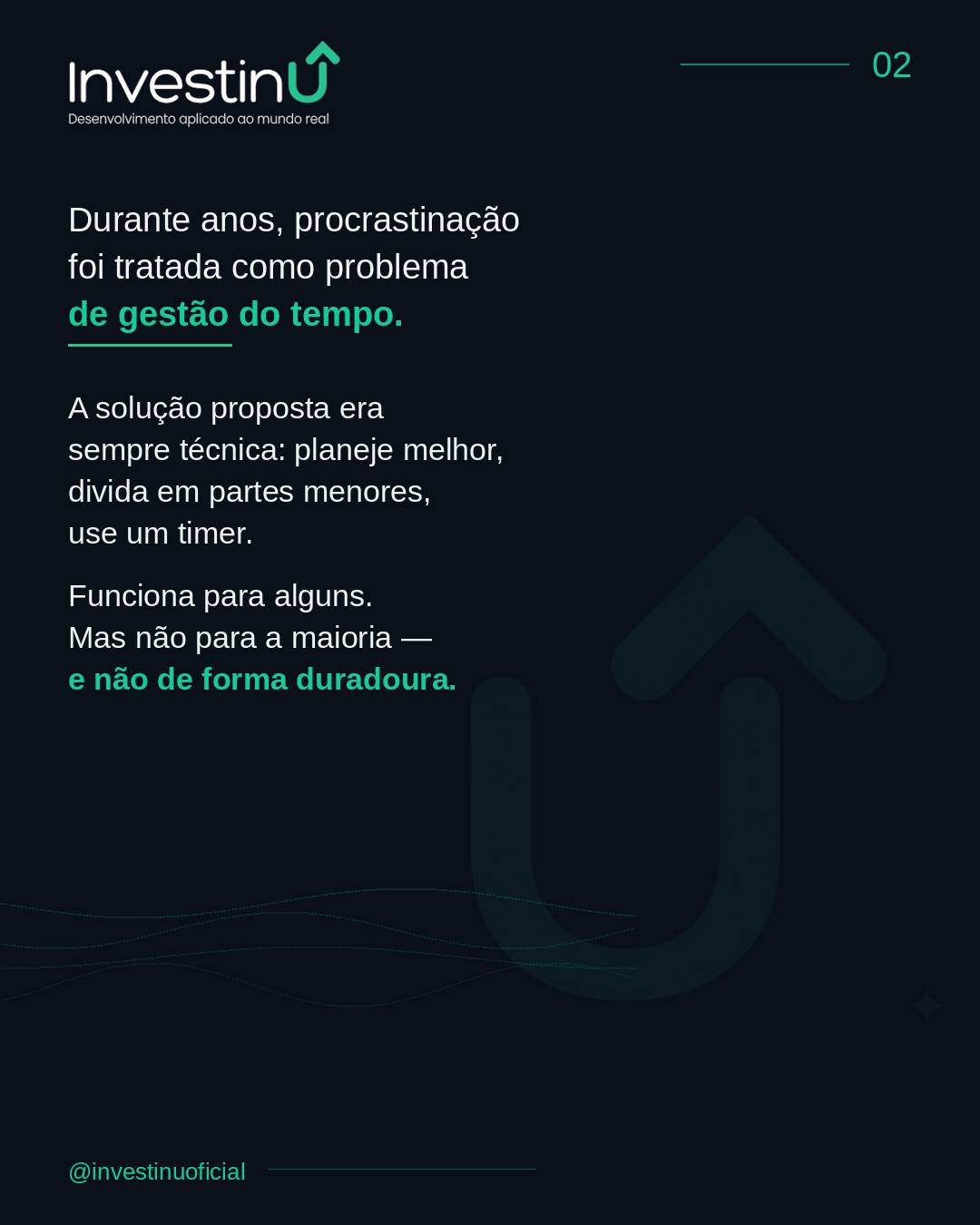 Força de vontade não resolve procrastinação.Não porque você seja fraco.Porque força de vontade é um recurso finito — e usá-la contra um ciclo emocional sem entender o mecanismo é como tentar parar uma hemorragia com esforço mental.A pergunta certa não é "por que não consigo começar?"É "o que estou evitando sentir?"Muda tudo quando você para de se julgar e começa a se entender.#Investinu #Procrastinacao #Produtividade #InteligenciaEmocional #DesenvolvimentoPessoal #Autoconhecimento