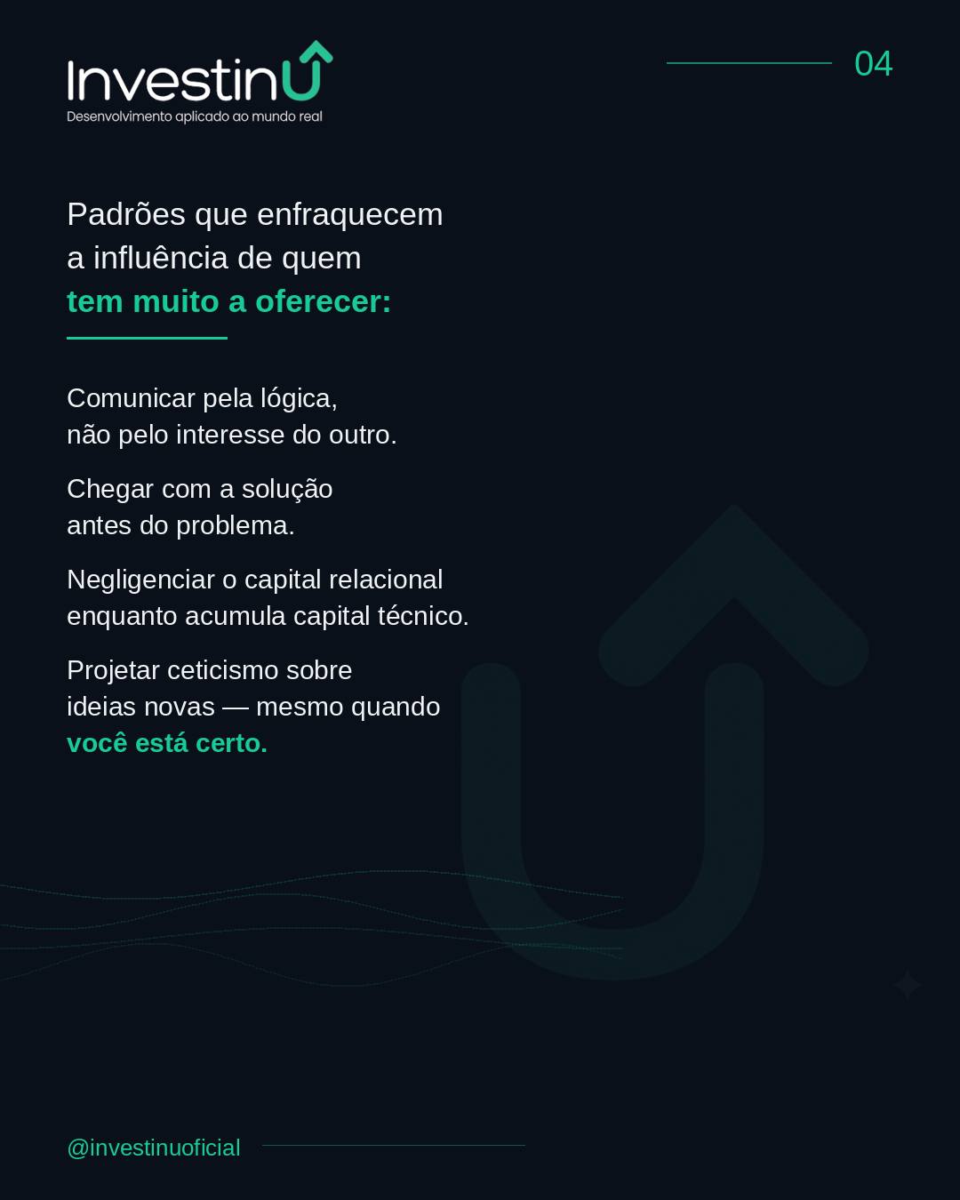 Ser o mais experiente da sala não garante ser o mais ouvido.Influência real tem menos a ver com quem você é e mais com como você opera nas relações e nas conversas.Isso é desconfortável de aceitar para quem investiu anos construindo competência técnica.Mas é exatamente o que separa quem tem boas ideias de quem consegue implementá-las.#Investinu #Lideranca #Comunicacao #Carreira #InteligenciaEmocional #DesenvolvimentoProfissional